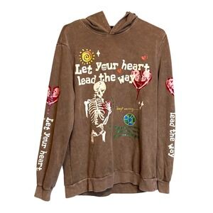Romwe Mens Skull Print Grunge Let Your Heart Lead The Way Hoodie Medium Brown
